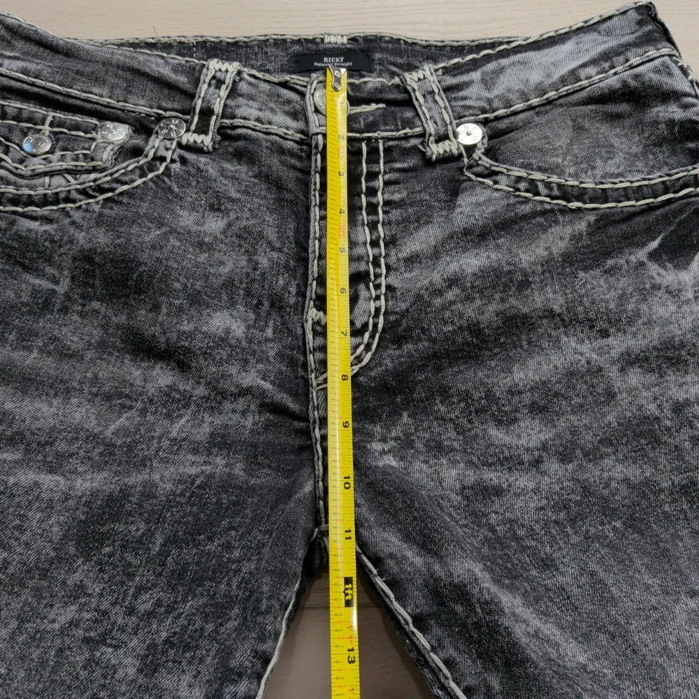 True Religion Ricky Relaxed Straight Jeans Mens 34 Black Acid Wash White Stitch